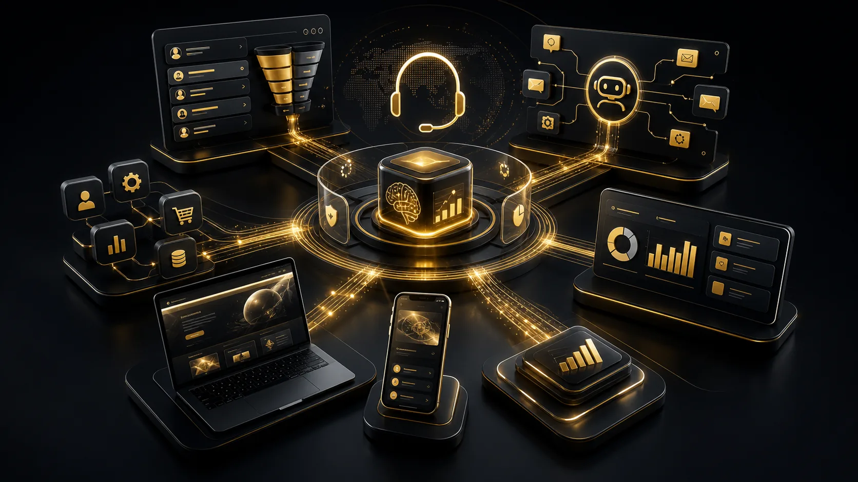AI, CRM, mobil ilova va call-center tizimlari ekotizimi